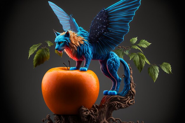 Une statue d'un dragon avec des ailes et une citrouille dessus