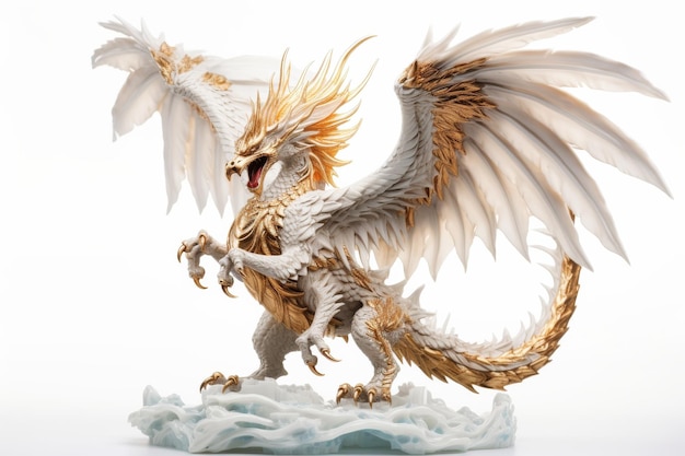 Statue de dragon blanc et doré sur une surface blanche ou claire PNG Arrière-plan transparent