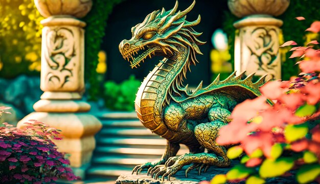 Statue de dragon dans le jardin IA générative