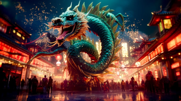 Statue de dragon devant le paysage urbain avec des feux d'artifice dans le ciel AI générative