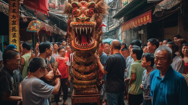 Une statue de dragon est brandie par des passants dans une rue bondée.