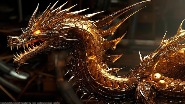 Une statue de dragon en or avec des pointes.