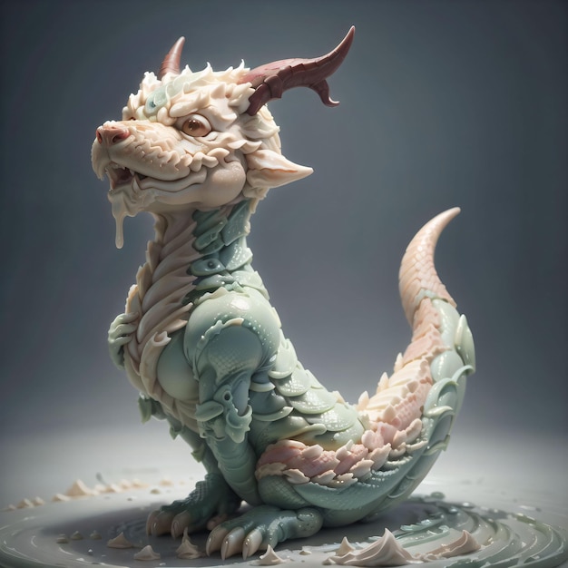 Une statue de dragon avec un visage vert et des yeux verts.