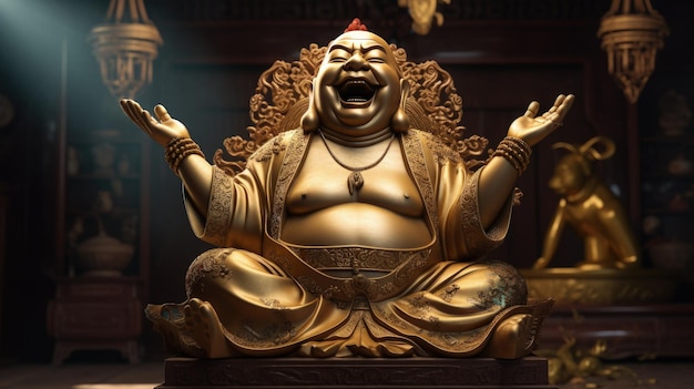 La statue du Bouddha souriant dans l'éclairage cinématographique