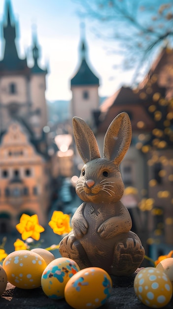 Statue du lapin de Pâques avec des œufs de Pâque