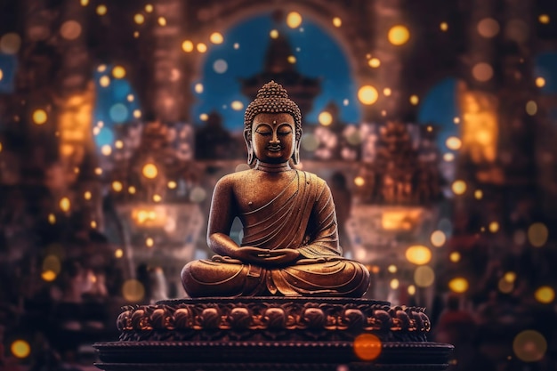 Statue du maître spirituel Bouddha dans une pose de repos calme avec une lumière brillante sur fond sombre AI générative