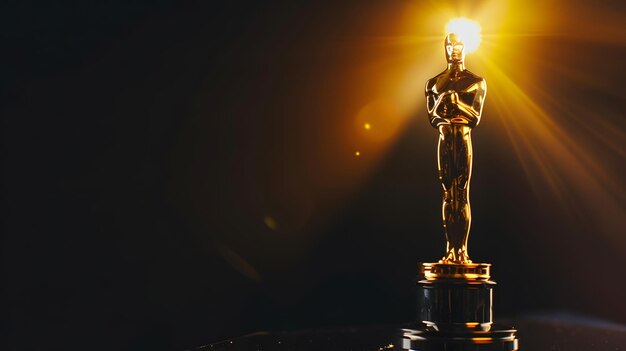 Photo la statue du prix de l'académie d'or d'hollywood sur des rayons de lumière sur fond noir avec c ia générative