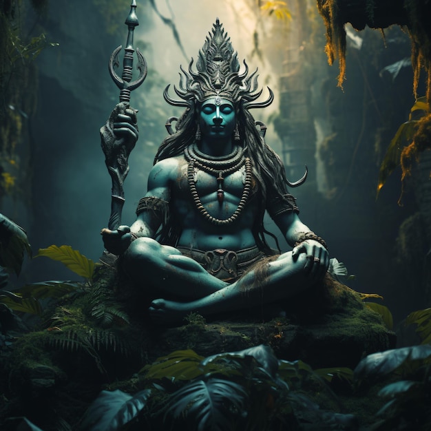 Statue du Seigneur Shiva méditant au fond d'une jungle