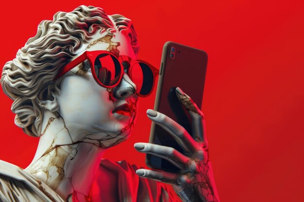 Photo une statue féminine aux lèvres rouges et aux lunettes de soleil prend un selfie
