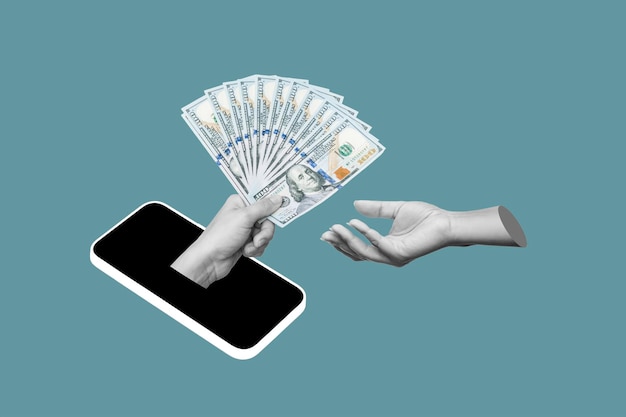 Photo statue féminine main dans un téléphone mobile tenant une liasse de billets de trésorerie de cent dollars en le passant