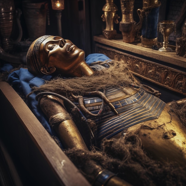 une statue d'une femme allongée dans un lit avec un tissu bleu dessus