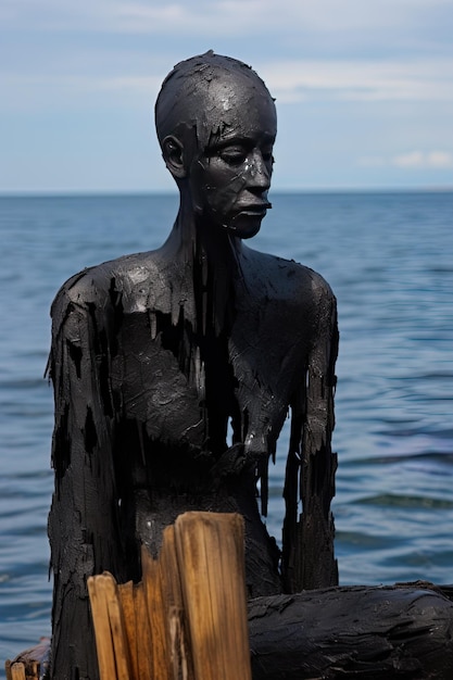 une statue d'une femme au bord de l'eau
