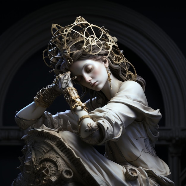 une statue d'une femme avec une couronne et une statue de femme avec une coronne.