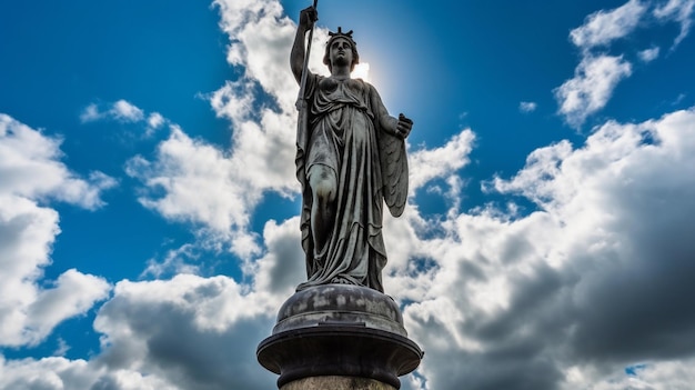 Une statue de femme avec une couronne sur la tête se dresse devant un ciel nuageux.
