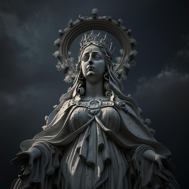 Une statue de femme avec une couronne sur la tête se dresse devant un ciel sombre.