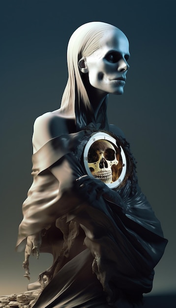 Une statue d'une femme avec un crâne dans sa poitrine