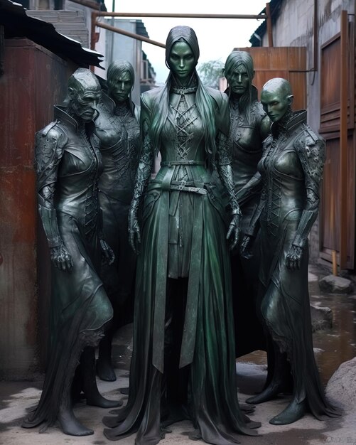 une statue d'une femme dans une longue robe se tient devant un bâtiment avec quatre autres statues