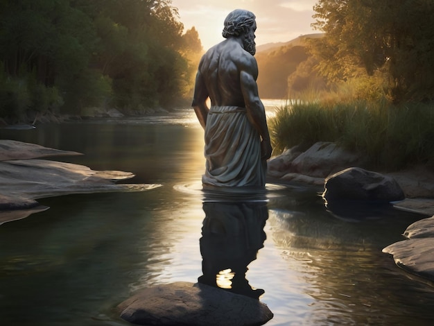 une statue d'une femme debout sur un rocher dans l'eau