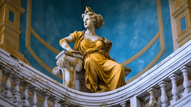 Une statue de femme est assise sur un piédestal dans un bâtiment.