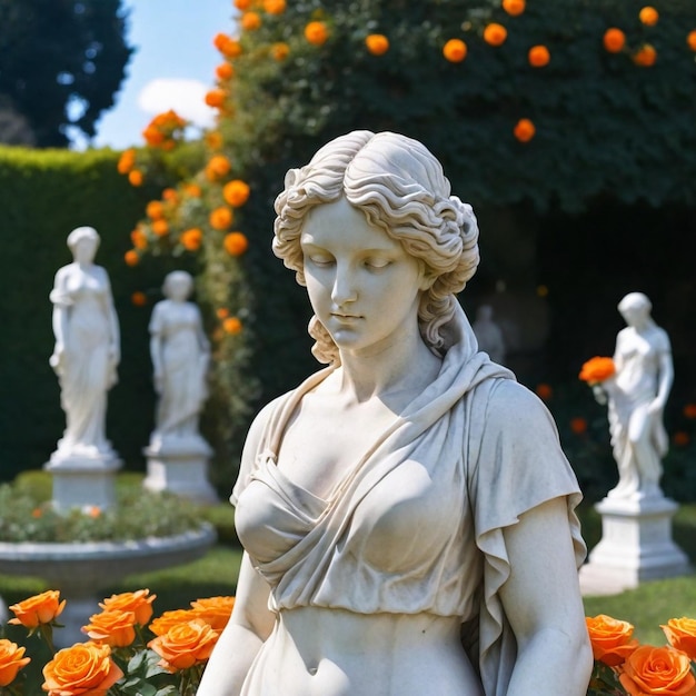 une statue d'une femme avec des fleurs en arrière-plan