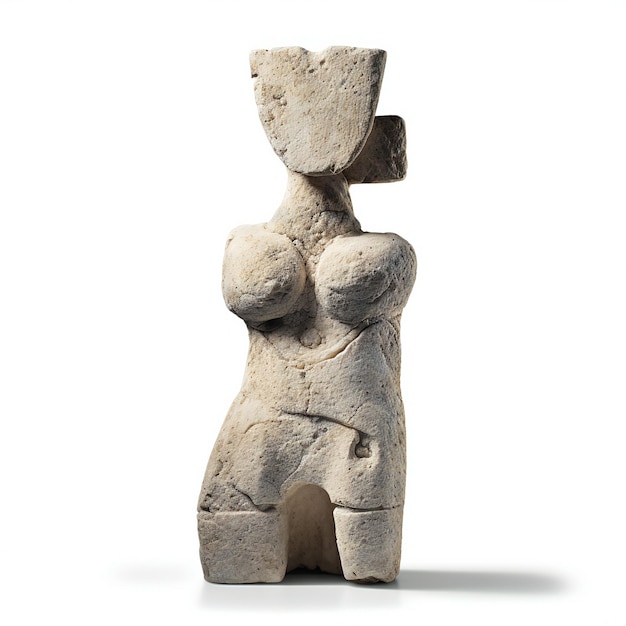 une statue d'une femme avec un grand corps et une grande pierre avec une grande flèche pointant vers la gauche.