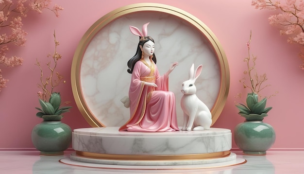 une statue d'une femme avec un lapin sur ses genoux