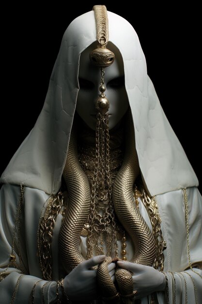 Photo une statue d'une femme portant une robe blanche avec des perles d'or