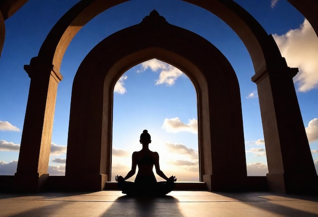 une statue d'une femme en position de lotus est assise devant un bâtiment avec un ciel et des nuages en arrière-plan