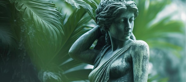 une statue d'une femme regardant un palmier