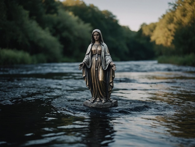 une statue d'une femme se tient dans l'eau