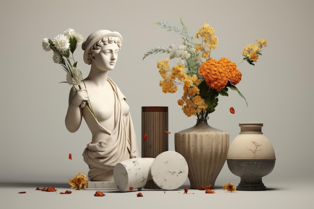 Une statue d'une femme tenant un bouquet de fleurs Image numérique Nature morte surréaliste