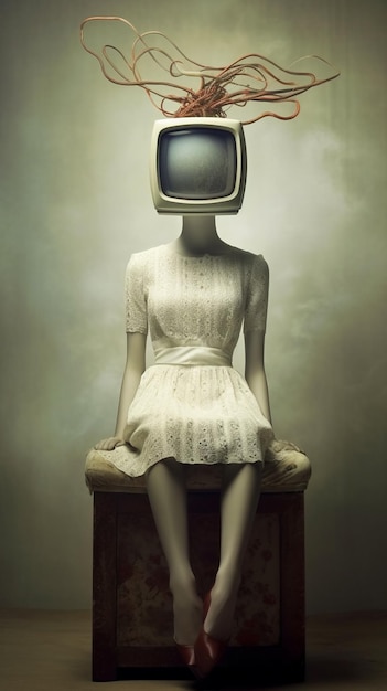 Une statue d'une femme avec une tête de télévision sur la tête est assise sur une table.