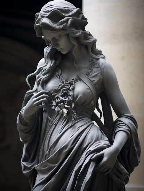 une statue d'une femme avec un tournesol dans les cheveux.