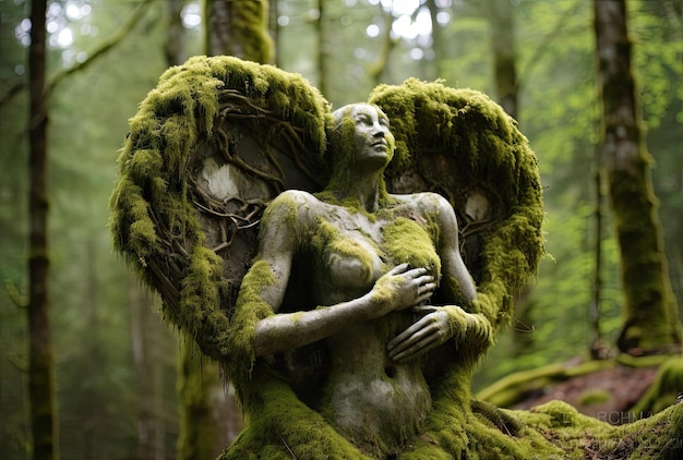 une statue en forme de cœur dans une forêt couverte de mousse d'arbre dans le style vert clair et gris