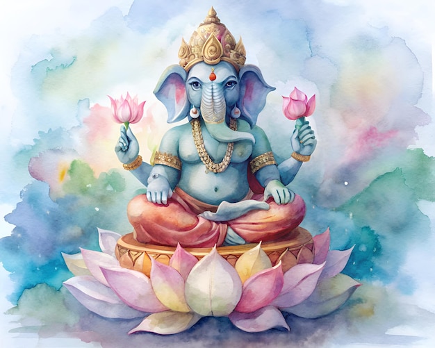 Photo statue de ganesha avec des fleurs de lotus peinture à l'aquarelle