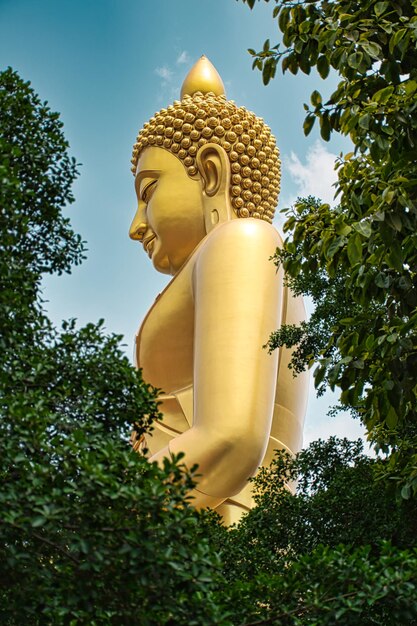 Photo une statue géante de bouddha en or de dhammakaya thep mongkol bouddha dans le temple de wat paknam bhasicharoen