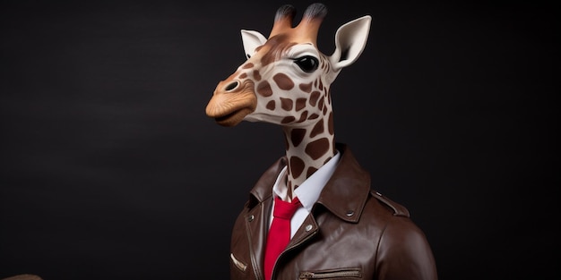 Une statue de girafe portant une veste marron et une veste marron