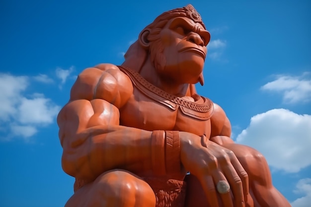 Une statue de gorille est assise devant un ciel bleu.