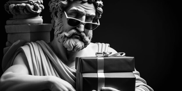 Une statue grecque pensant avec des lunettes de soleil tenant une boîte à cadeaux