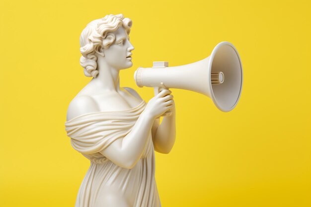 Statue grecque tenant un mégaphone sur un fond jaune AI générative