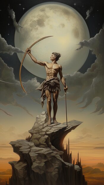 Photo une statue d'un guerrier avec un arc et une flèche pointant vers le ciel
