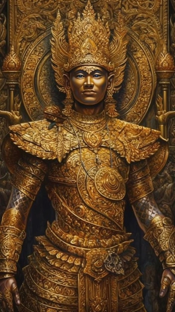 Une statue d'un guerrier avec un casque d'or et une couronne.