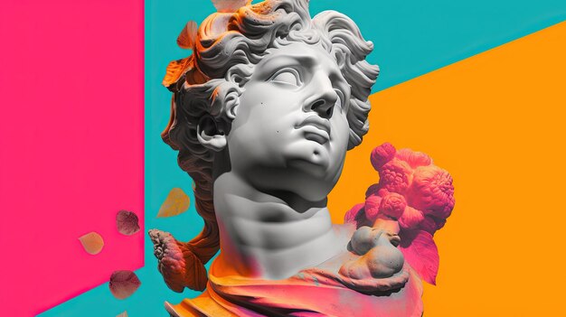 Statue d'un homme ancien dans l'esthétique Vaporwave ou y2k Buste antique dans une scène 3D moderne