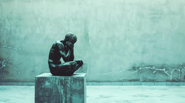 Statue d'un homme assis sur une boîte