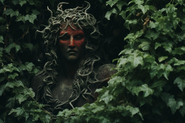 Photo une statue d'un homme aux cheveux rouges au milieu d'un buisson vert