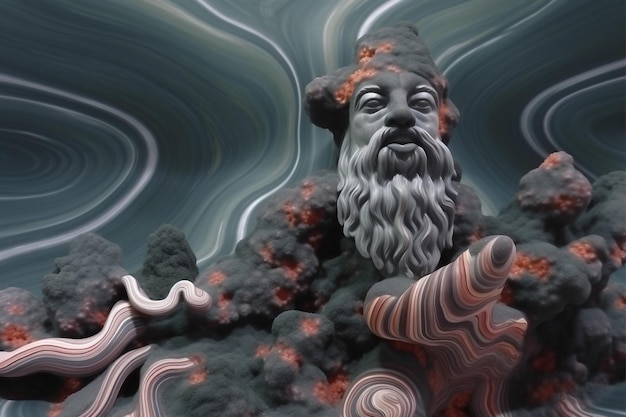 Photo une statue d'un homme avec une barbe et une barbe est entourée de fumée.
