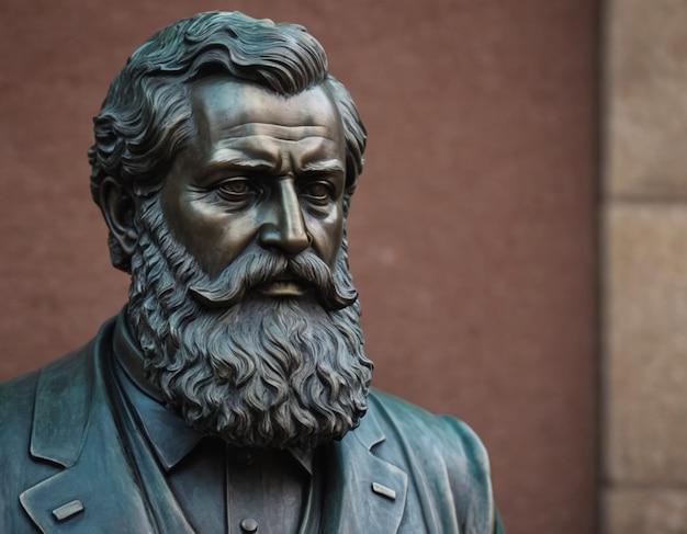 une statue d'un homme avec une barbe et une moustache est devant un bâtiment