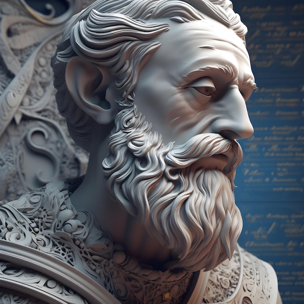 Une statue d'un homme avec une barbe et un rouleau sur le côté gauche de l'image.