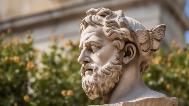 une statue d'un homme barbu avec un papillon sur la tête