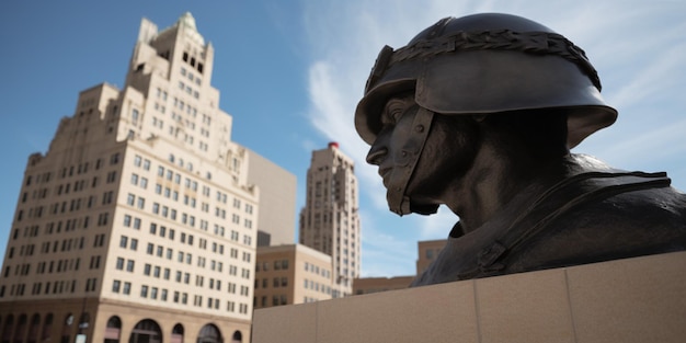 Une statue d'un homme avec un bâtiment en arrière-plan